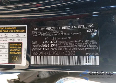 2016 Mercedes-Benz C 300 4Matic из США, поврежденный, VIN 55SWF4KB8GU143383